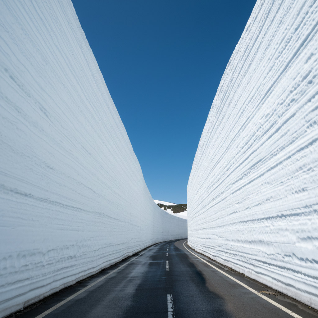 An imposing summer snow wall in Tateyama rising dramatically on both sides of a narrow, cleared alpine road, captured in high-resolution photographic realism. The vertical walls of compacted, layered snow tower several meters high, their surfaces etched with subtle striations and blue-tinted shadows. The dark asphalt road curves gently between them, its wet surface reflecting faint highlights from the sky above. Bright, clear midday mountain light illuminates the scene, creating sharp contrast between the luminous white snow and the deep, crisp blue of the high-altitude sky. Composed from a slightly low, centered perspective, the image emphasizes the immense scale and clean geometry of the corridor, evoking a sense of awe and professionalism suited to guided snow wall tours.
